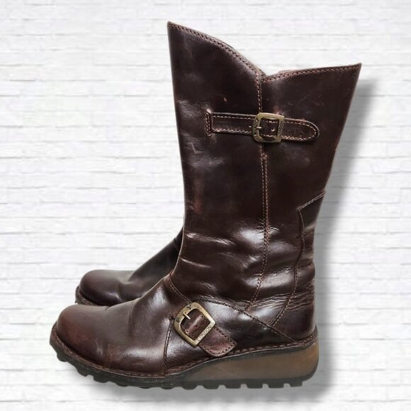 Fly London Dark Brown MES 2 Buckle Boots Side Zipper Size 38 EU/7-7.5 US - Picture 2 of 15
